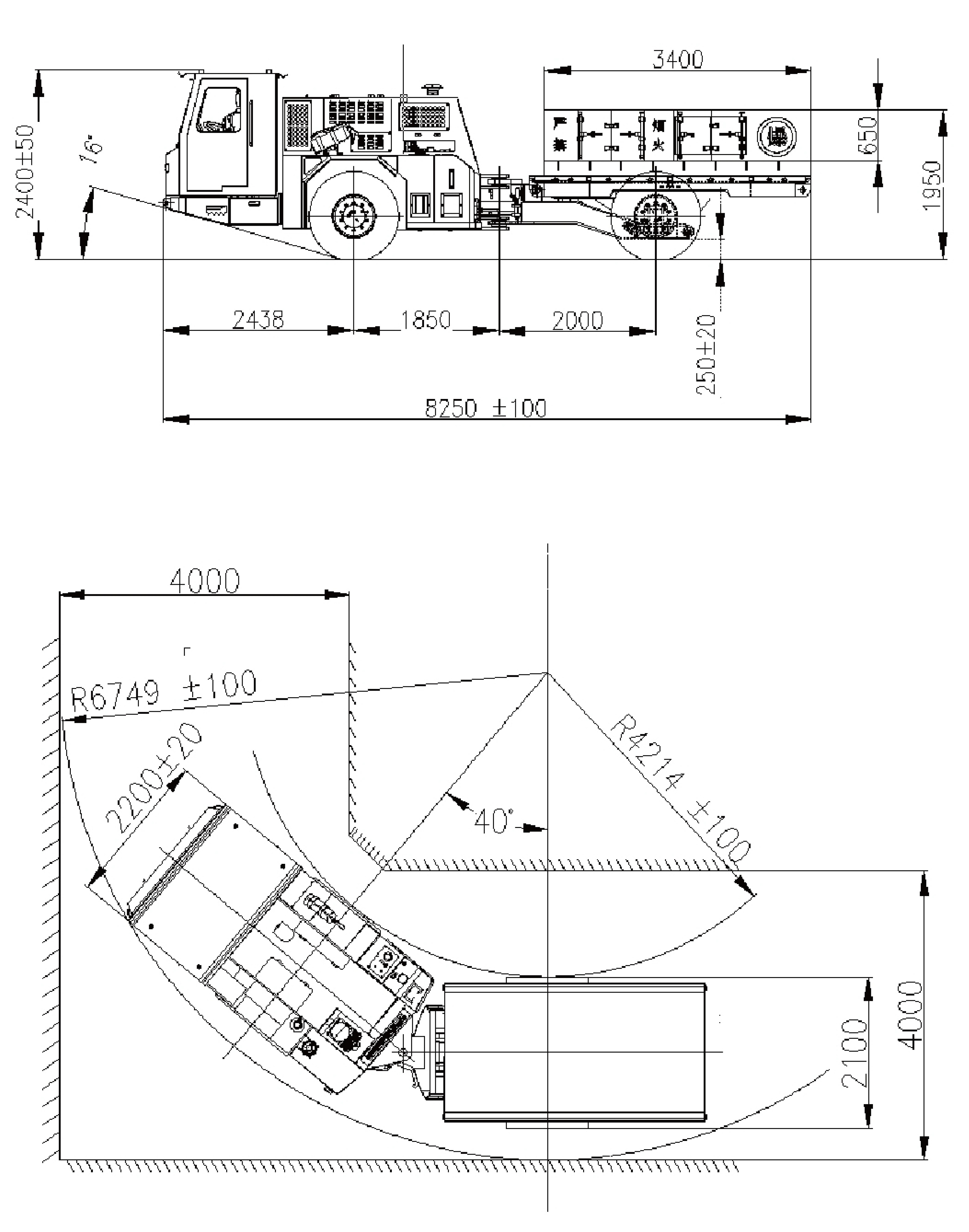 Dimensions hors tout du véhicule de transport souterrain d'explosifs FUE05